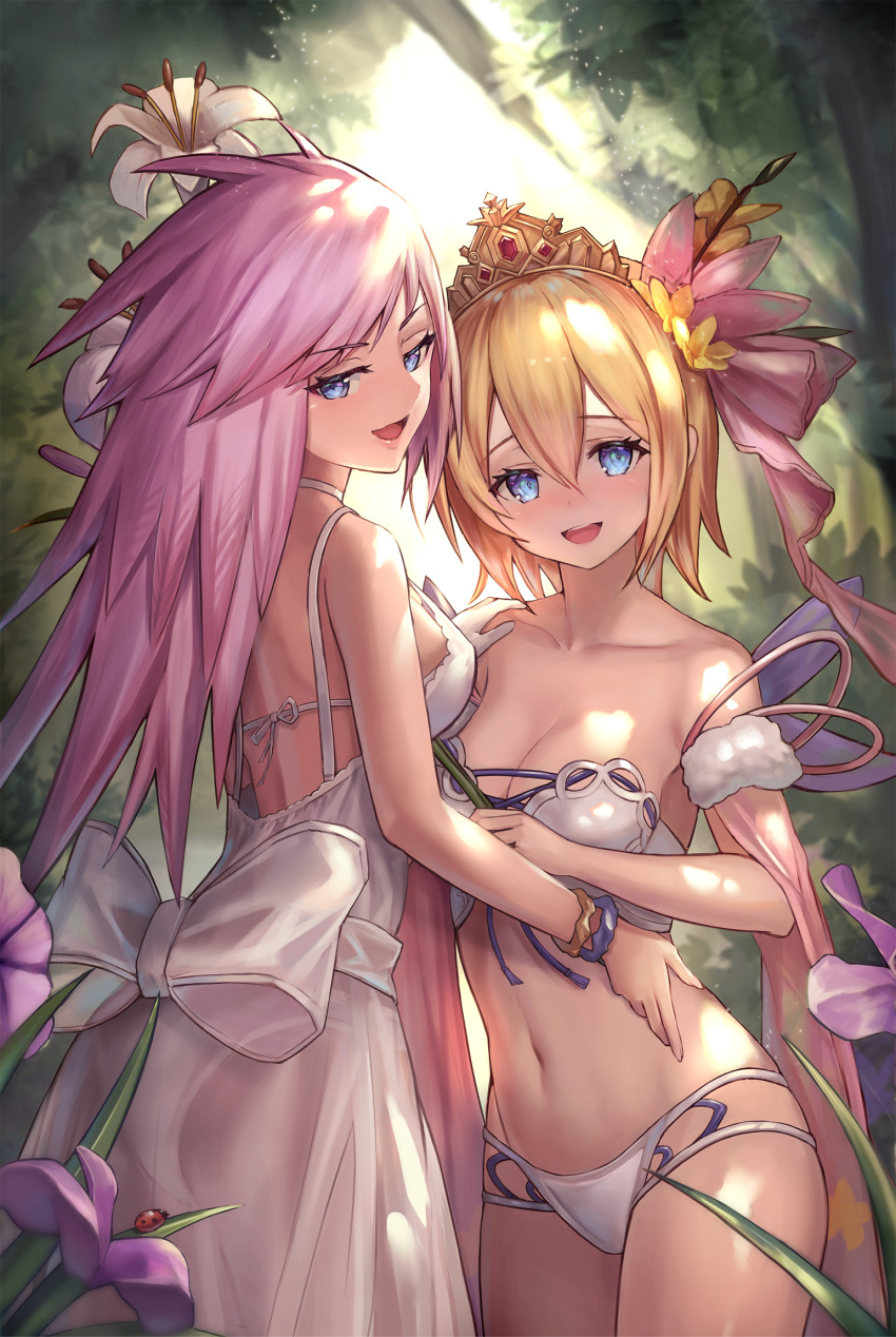 2girls ass blonde_hair blue_eyes bow commentary_request dress europa_(granblue_fantasy) europa_(summer)_(granblue_fantasy) flower gabriel_(granblue_fantasy) granblue_fantasy hair_flower hair_ornament highres long_hair looking_at_viewer multiple_girls navel official_alternate_costume open_mouth pink_hair sachi_(160332) see-through short_hair smile swimsuit tiara white_dress yuri