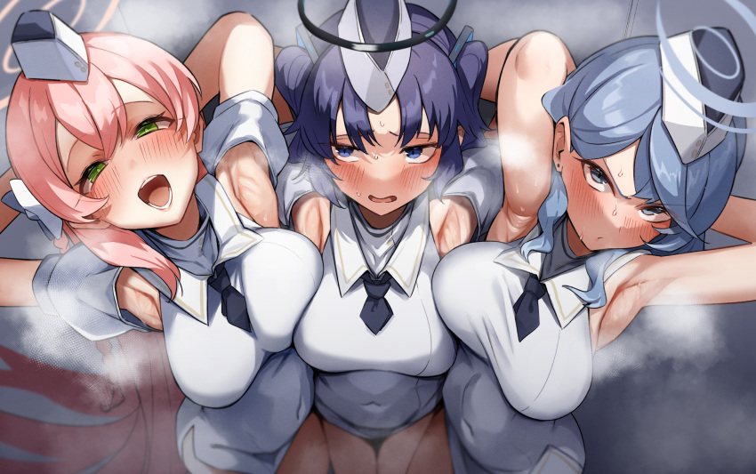 3girls ako_(blue_archive) armpit_cutout armpits arms_behind_head arms_up blue_archive blue_hair blush breasts breath closed_mouth clothing_cutout dress garrison_cap green_eyes hair_between_eyes hanako_(blue_archive) hat heavy_breathing highres large_breasts long_hair looking_at_viewer looking_away mm_(mm_chair) multiple_girls necktie official_alternate_costume open_mouth pink_hair presenting_armpit purple_hair shirt short_hair short_sleeves sleeveless sleeveless_dress sleeveless_shirt steam steaming_body sweat take_your_pick utnapishtim_operator_uniform_(blue_archive) white_headwear yuuka_(blue_archive)