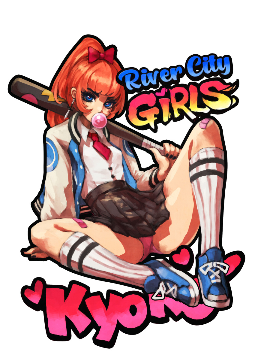 absurdres bandaid bandaid_on_knee bandaid_on_leg baseball_bat black_nails black_skirt blowing_bubbles blue_eyes bow breasts character_name chewing_gum commentary copyright_name earrings english_commentary female full_body hairbow high-waist_skirt highres holding holding_baseball_bat jacket jewelry kneehighs kunio-kun_series kyoko_(kunio-kun) letterman_jacket long_hair looking_at_viewer makeup mascara monori_rogue nail_polish necktie orange_hair panties pantyshot photoshop_(medium) pink_necktie pink_panties pleated_skirt ponytail red_bow river_city_girls school_uniform shoes sitting skirt small_breasts sneakers socks solo spread_legs thick_eyebrows underwear upskirt wide_spread_legs