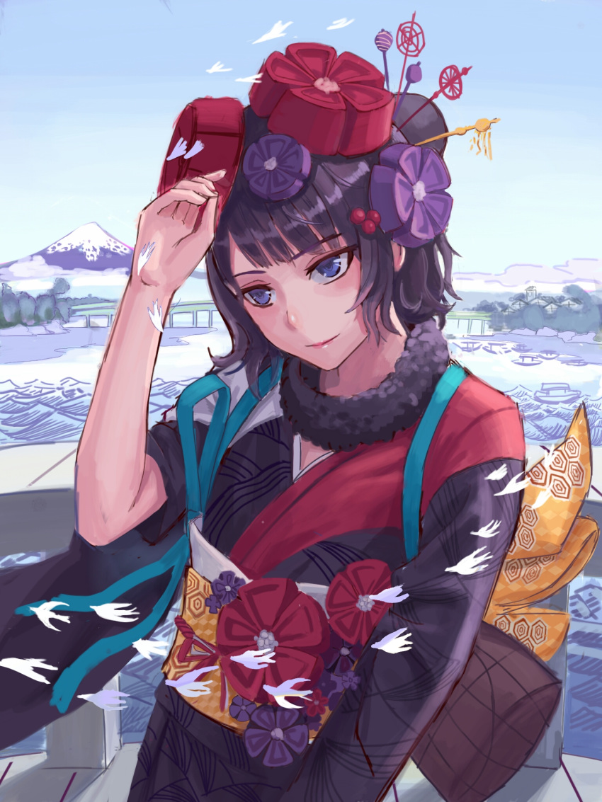 black_hair blue_eyes blue_sky boat commentary_request fate/grand_order fate_(series) female hair_ornament highres japanese_clothes kafkasea katsushika_hokusai_(fate) kimono mountain obi outdoors sash sky tree watercraft waves