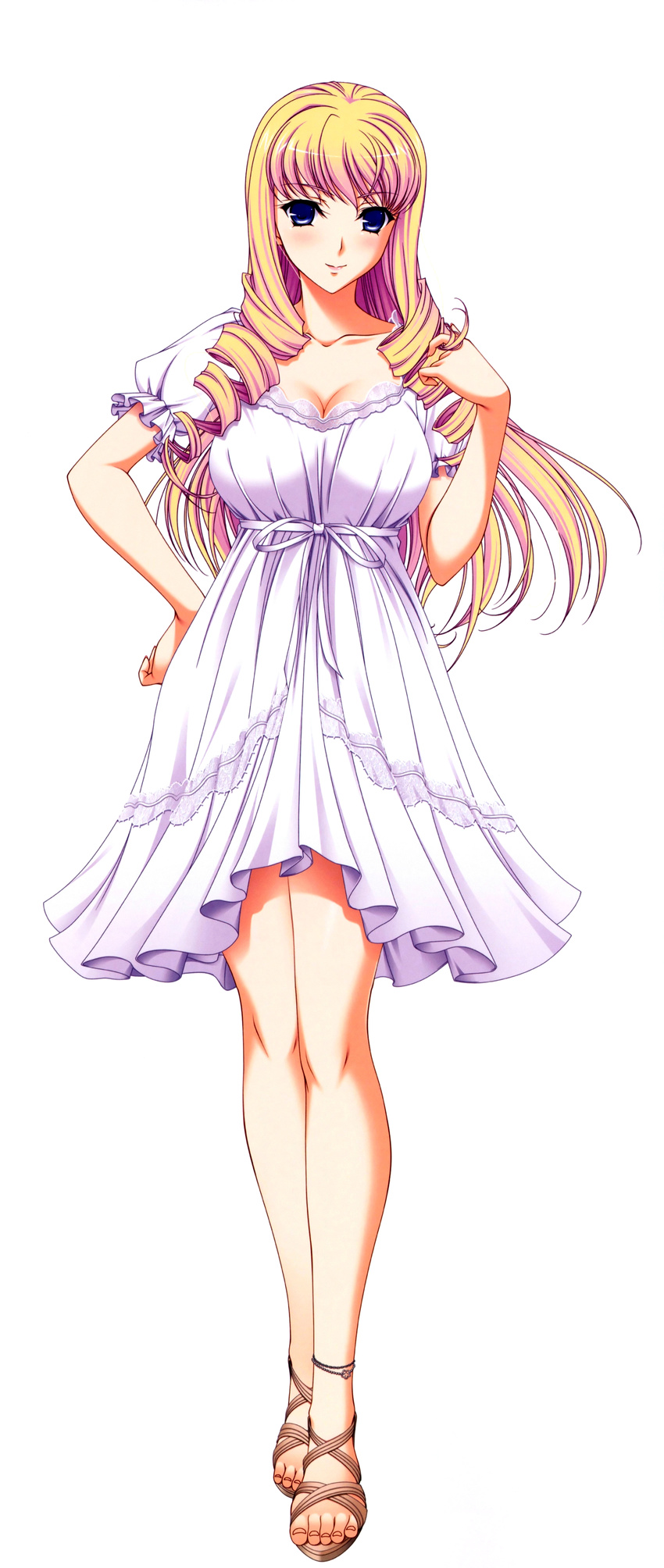 absurdres anklet bertille_althusser blonde_hair blue_eyes blush breasts cleavage dress drill_hair female hand_in_own_hair highres holding holding_own_hair jewelry komori_kei large_breasts legs long_hair looking_at_viewer photoshop_(medium) sandals scan simple_background solo twin_drills very_long_hair walkure_romanze