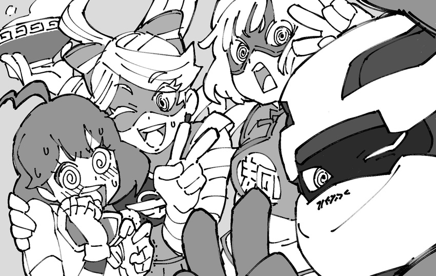 1boy 3girls @_@ ahoge arms_(game) bad_id bad_twitter_id beanie blunt_bangs bowl domino_mask greyscale hat helmet highres kid_cobra looking_at_another looking_at_viewer mask meandros mechanica_(arms) min_min_(arms) monochrome multiple_girls photobomb ribbon_girl_(arms) ribbon_hair selfie sweat upper_body uzura3026 v