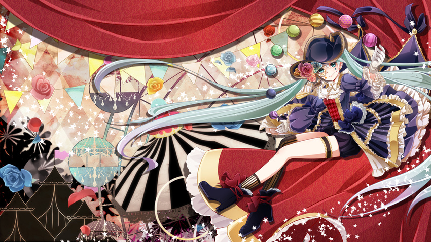 absurdly_long_hair bridal_garter commentary_request female gloves green_eyes green_hair hat hatsune_miku high_heels long_hair single_thighhigh socks solo striped thighhighs tsujiori twintails vertical_stripes very_long_hair vocaloid