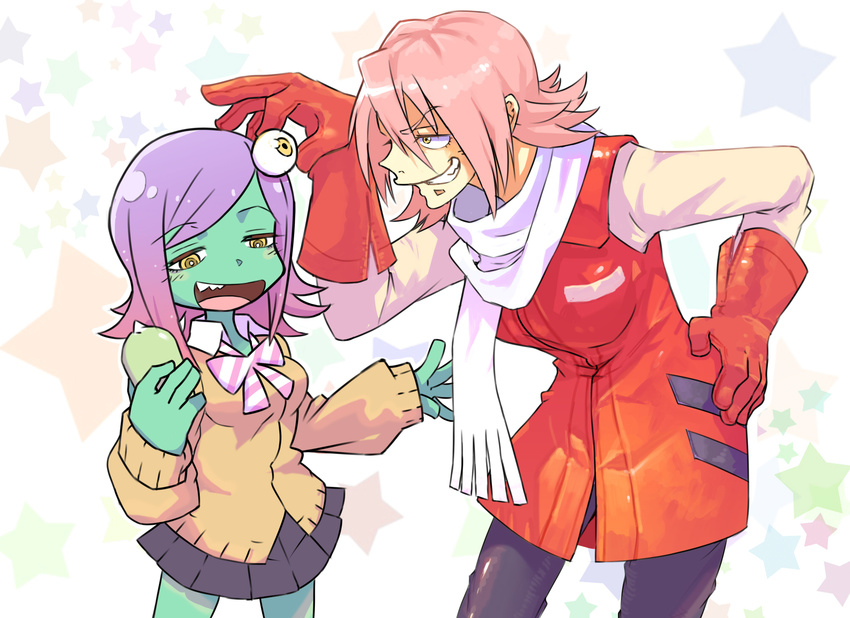 2girls colored_skin commentary_request eyeball flcl gloves gorimaro green_skin grin haruhara_haruko highres leaning_forward midori_(uchuu_patrol_luluco) multiple_girls pink_hair red_gloves scarf school_uniform sharp_teeth shintani_mayumi smile star_(symbol) teeth uchuu_patrol_luluco voice_actor_connection white_background