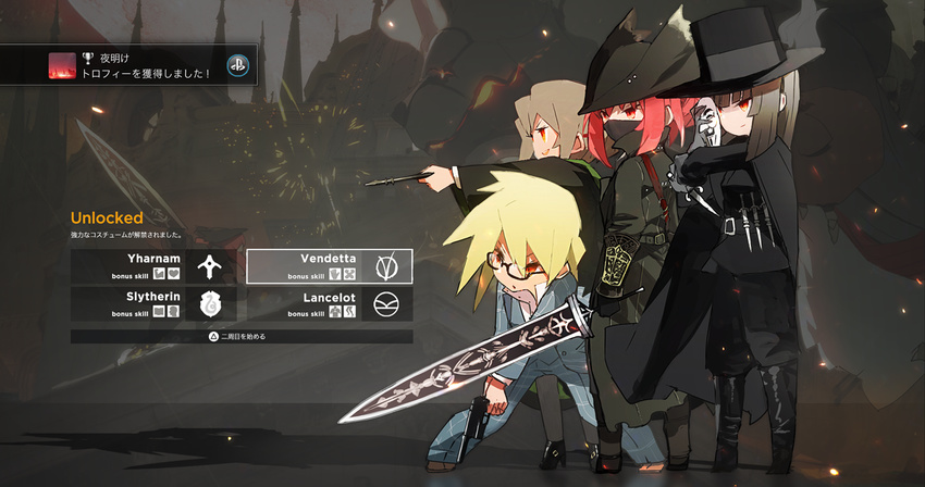 4girls blonde_hair bloodborne brown_hair cape commentary_request cosplay crossover english_text fake_screenshot formal game_console glasses gun hair_bun handgun harry_potter_(series) hat hms_conqueror_(siirakannu) hms_monarch_(siirakannu) hms_orion_(siirakannu) hms_thunderer_(siirakannu) kingsman:_the_secret_service knife lion long_coat long_hair looking_to_the_side mask mouth_mask multiple_girls original playstation_4 red_eyes red_hair robe semi-rimless_eyewear short_hair sidelocks siirakannu single_hair_bun suit sword top_hat translated tricorne unworn_mask v_for_vendetta wand weapon wizarding_world