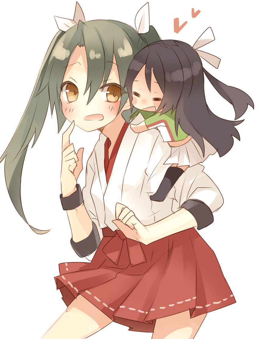 2girls =_= absurdres age_difference aged_down bad_id bad_twitter_id brown_eyes chibi closed_eyes commentary_request finger_to_mouth grey_hair hair_between_eyes hair_ribbon heart height_difference highres japanese_clothes kantai_collection katsuragi_(kancolle) long_hair messy_hair mini_person minigirl miniskirt multiple_girls open_mouth orqz pleated_skirt red_skirt ribbon sitting_on_shoulder skirt twintails zuikaku_(kancolle)