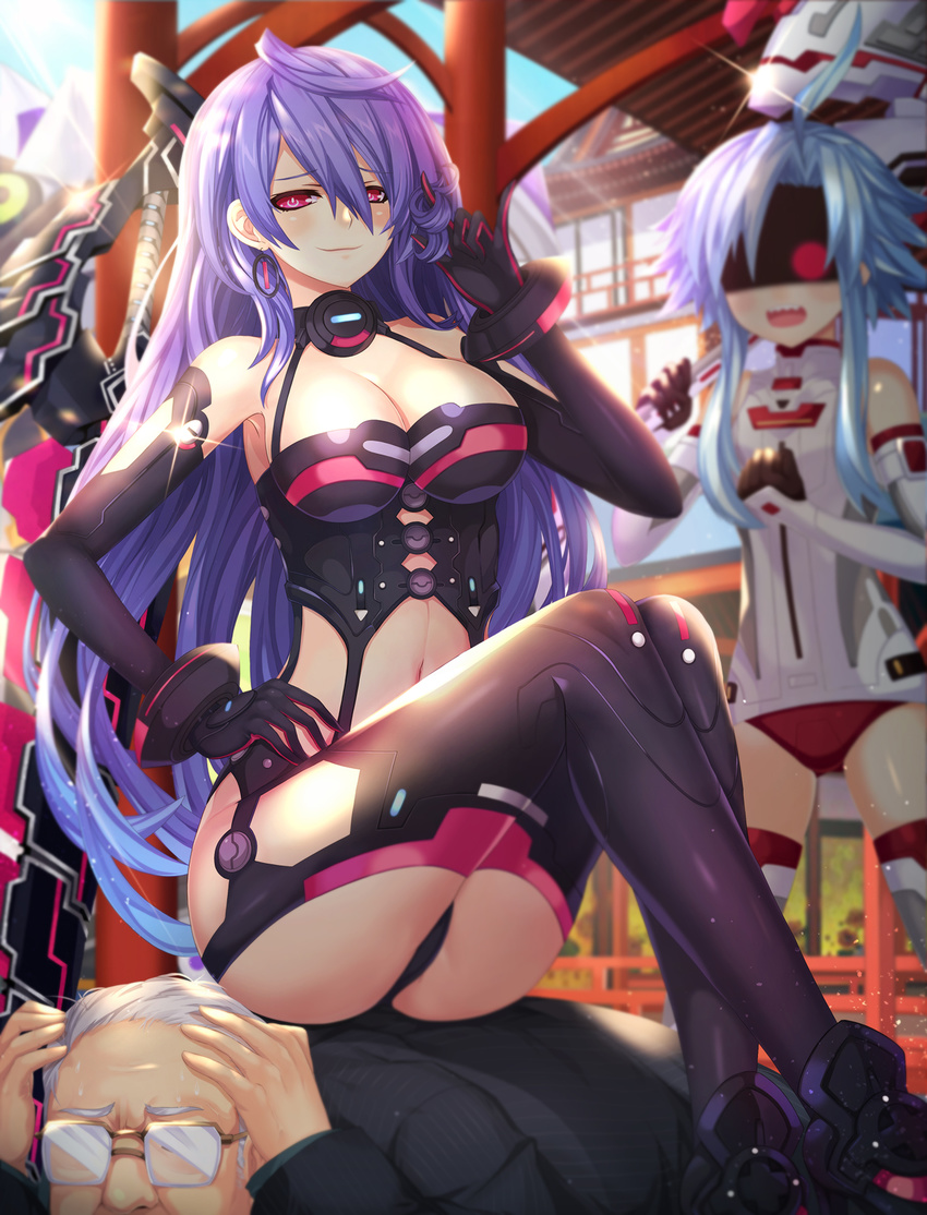 1boy 2girls ahoge akudaijin angry axe bad_id bad_pixiv_id bare_shoulders beluga_dolphin blue_hair breasts bustier cleavage clenched_hand dominatrix earrings elbow_gloves glasses gloves hair_between_eyes highres iris_heart jewelry kami_jigen_game_neptune_v large_breasts leotard long_hair looking_at_viewer multiple_girls navel neptune_(series) photoshop_(medium) playing_with_own_hair power_symbol power_symbol-shaped_pupils purple_hair red_eyes sharp_teeth short_hair_with_long_locks sidelocks sitting sitting_on_person small_breasts smile sword symbol-shaped_pupils teeth thighhighs very_long_hair weapon white_hair white_heart_(neptunia)