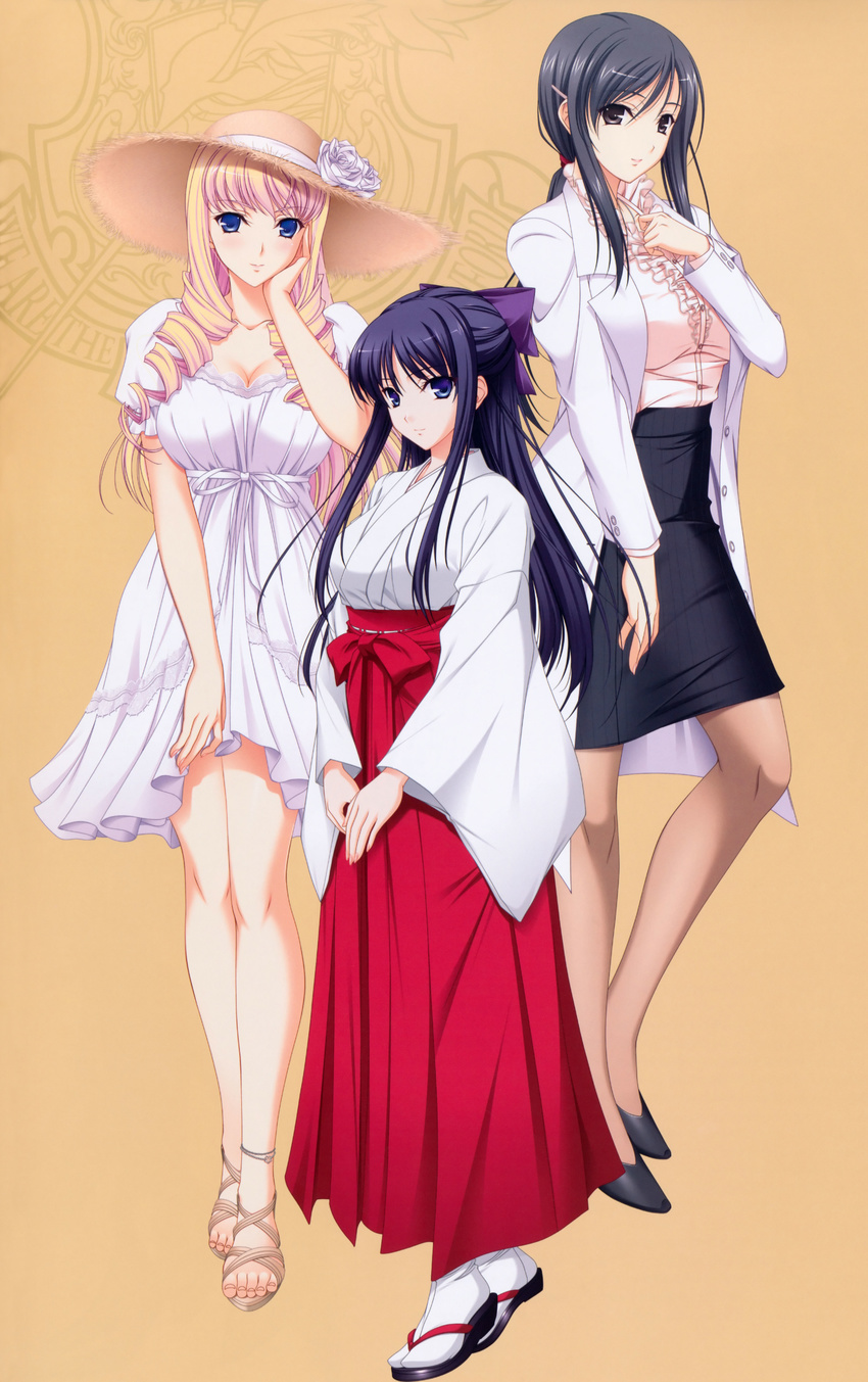 3girls absurdres bertille_althusser black_eyes black_footwear black_hair black_skirt blonde_hair blue_eyes breasts brown_legwear cleavage dress drill_hair geta hakama hakama_skirt hand_on_own_cheek hand_on_own_chest hand_on_own_face hat high_heels highres hiiragi_ayako japanese_clothes kimono komori_kei lab_coat legs looking_at_viewer medium_breasts miko miniskirt multiple_girls pantyhose pencil_skirt photoshop_(medium) ponytail purple_hair red_hakama ryuuzouji_akane sandals shoes skirt standing straw_hat sun_hat tabi tan_background twin_drills twintails walkure_romanze white_dress