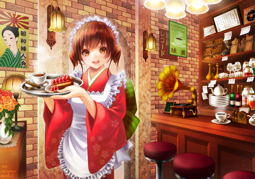 apron artist_name bad_id bad_pixiv_id bar_stool bottle bouquet brown_eyes brown_hair cafe cake coffee commentary cup dated drinking_glass female flower food fruit japanese_clothes kimono lamp looking_at_viewer maid maid_apron maid_headdress open_mouth original phonograph photoshop_(medium) record red_kimono short_hair smile solo stool strawberry symbol-only_commentary teapot twintails vase wa_maid waitress wine_bottle wine_glass yuzu_5101