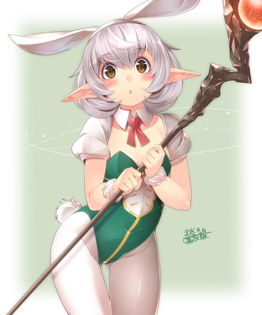 :o animal_ears blush brown_eyes commentary_request dated female granblue_fantasy highres kokka_han looking_at_viewer minigob pantyhose playboy_bunny pointy_ears rabbit_ears short_hair solo staff white_hair white_pantyhose