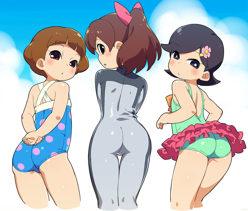 3girls :/ :o arms_behind_back ass back bangs blunt_bangs blush bodysuit bow brown_hair casual_one-piece_swimsuit cowboy_shot cropped_legs female flat_ass flat_chest flipped_hair flower from_behind hair_flower hair_ornament hairbow hands_together hayashi_satoko high_ponytail holding_arm kodama_fumika layered_skirt lolicon long_hair looking_at_viewer looking_back multiple_girls om_(nk2007) one-piece_swimsuit open_mouth polka_dot polka_dot_swimsuit profile short_hair simple_background standing suzuki_chiyo swept_bangs swimsuit tamani_mikakeru_boshi_no_anoko thigh_gap twisted_neck wetsuit youkai_watch