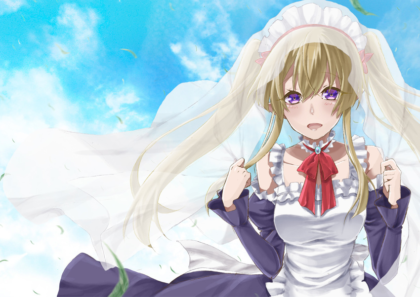 b-cat blonde_hair blush choker commentary_request detached_sleeves dress elf female frilled_dress frilled_sleeves frills heart heart_hands maid maid_headdress myucel_foalan outbreak_company photoshop_(medium) pointy_ears purple_eyes smile solo star_(symbol) twintails veil