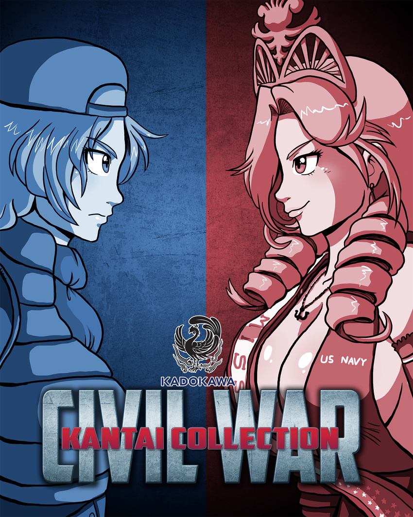 2girls anchor_necklace backwards_hat breasts captain_america:_civil_war captain_america_(series) cleavage commentary commentary_request down_jacket dress drill_hair earrings elbow_gloves eye_contact glaring gloves hat highres ian_dimas jacket jewelry kadokawa kantai_collection large_breasts limited_palette looking_at_another marvel marvel_cinematic_universe multiple_girls name_connection neckerchief necklace new_jersey_(belated_battleships) new_jersey_(pacific) original pacific_(kancolle) parody plunging_neckline smirk tiara vest