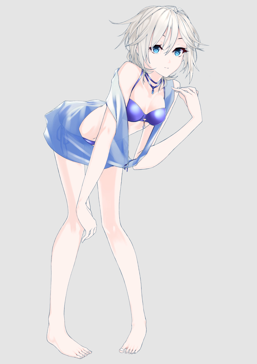 anastasia_(idolmaster) bad_id bad_pixiv_id barefoot bikini blue_bikini blue_eyes female full_body grey_background grey_hair hand_on_own_knee highres idolmaster idolmaster_cinderella_girls jewelry navel necklace pigeon-toed see-through short_hair side-tie_bikini_bottom simple_background solo soruna_(nell) swimsuit white_hair