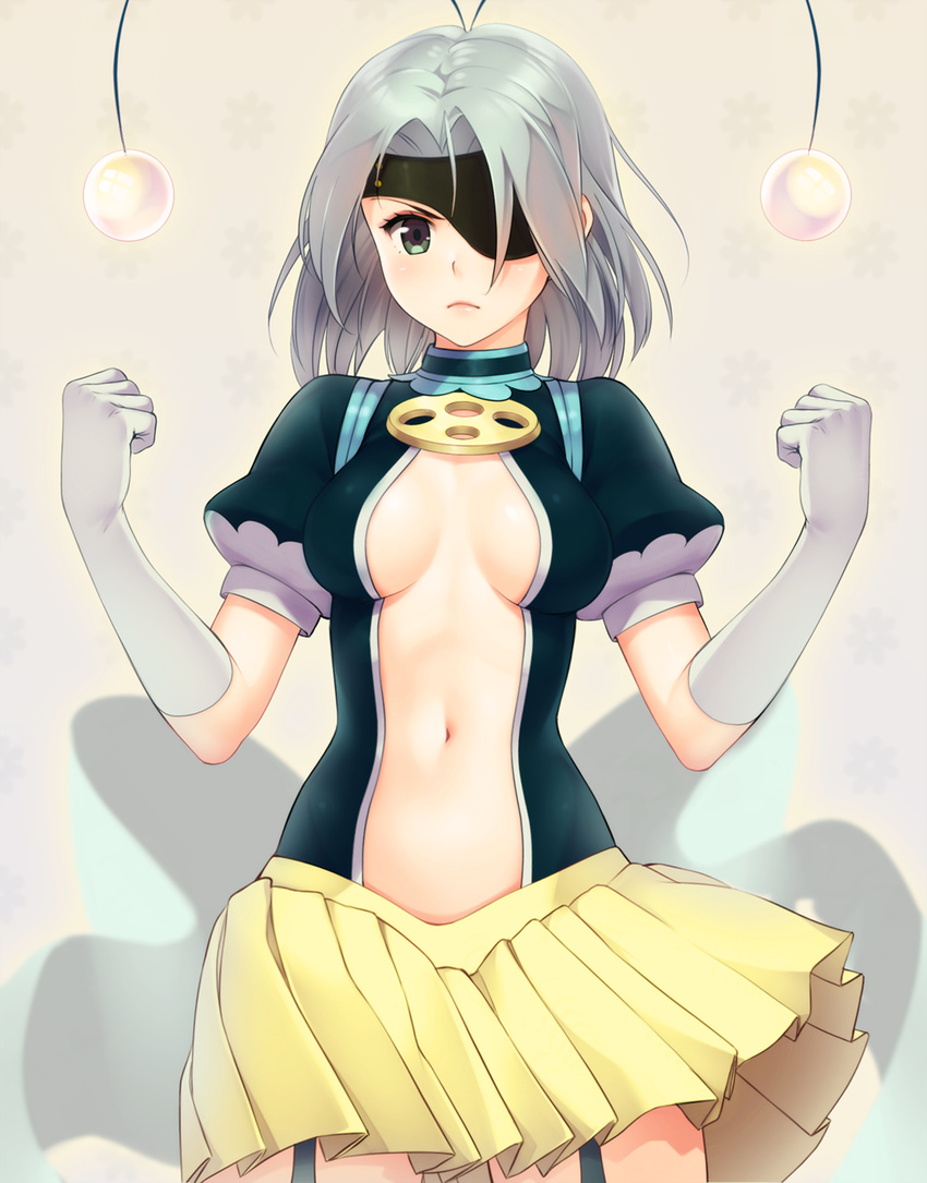 .hack// .hack//link antennae bad_id bad_pixiv_id breasts cleavage elbow_gloves eyepatch female gloves green_eyes grey_hair highres klarinette_(.hack//) medium_breasts navel open_clothes pleated_skirt short_hair skirt solo stomach weyowang