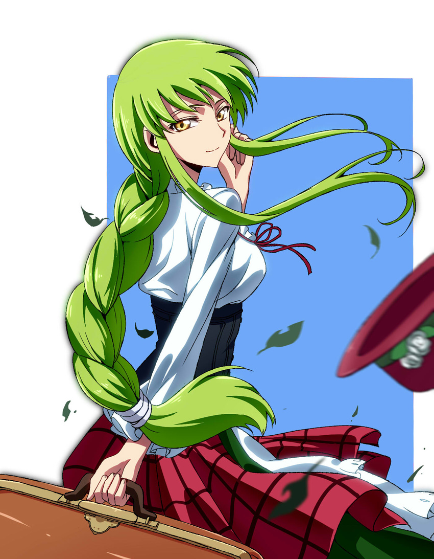 bad_id bad_pixiv_id braid c.c. checkered_clothes checkered_skirt code_geass female green_hair hat highres kurohane long_hair looking_at_viewer red_skirt single_braid skirt solo yellow_eyes