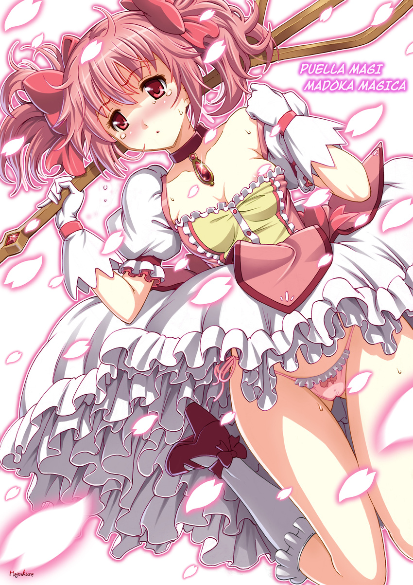 blush bow bow_(weapon) bow_panties cameltoe choker commentary_request female gloves highres kaname_madoka kaname_madoka_(magical_girl) looking_at_viewer magical_girl mahou_shoujo_madoka_magica mahou_shoujo_madoka_magica_(anime) number10_(hagakure) panties pantyshot petals photoshop_(medium) pink_eyes pink_hair pink_panties short_hair short_twintails side-tie_panties solo sweat tears twintails underwear weapon