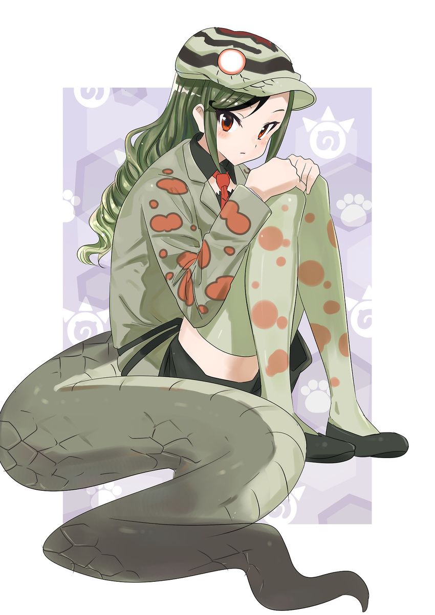 bad_id bad_tumblr_id blush drill_hair female green_hair hat highres japari_symbol kemono_friends leopard_snake_(kemono_friends) long_hair momosuke_(ishakry) necktie red_eyes sitting snake_tail solo tail thighhighs white_background