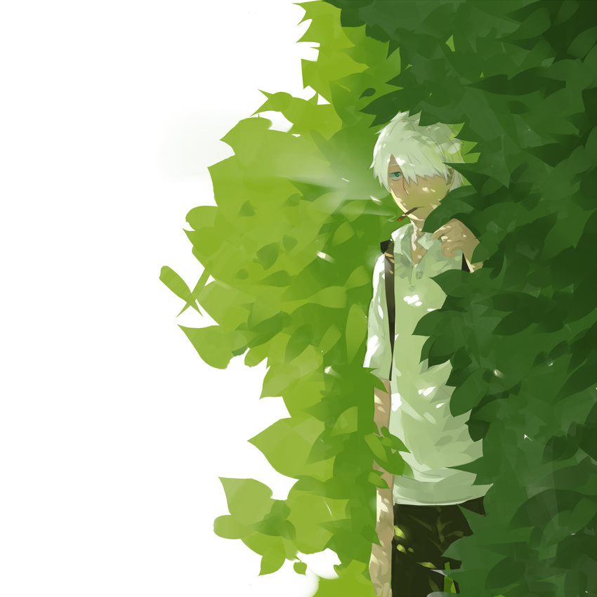 1boy bush cigarette commentary_request ginko_(mushishi) green_eyes hair_over_one_eye highres looking_at_viewer luo. male_focus mushishi plant solo white_hair