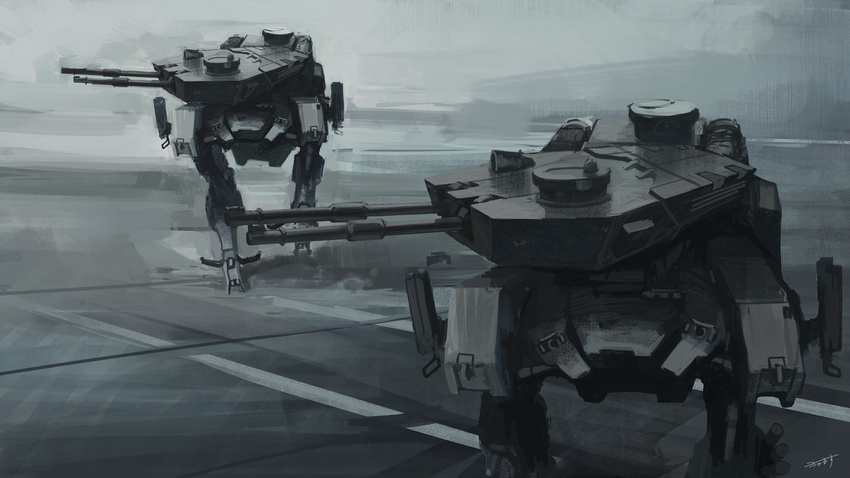 cannon commentary_request gun highres karamas machinery mecha mechanical military no_humans original outdoors realistic reverse-jointed_legs robot science_fiction signature walker_(robot) weapon