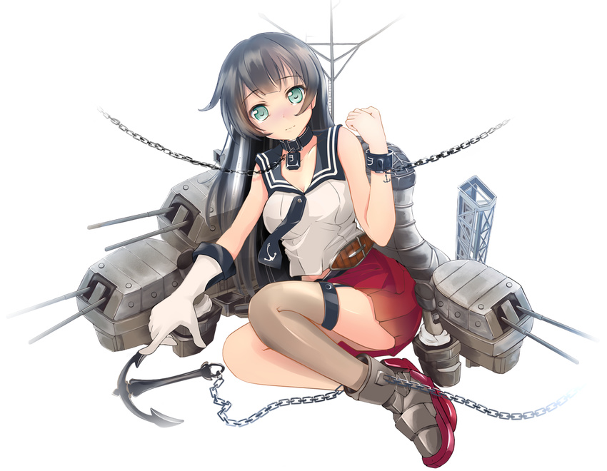 agano_(kancolle) anchor black_hair bondage bondage bound chains collar commentary_request cuffs female gloves green_eyes kantai_collection long_hair looking_at_viewer miyabi_(miyabi) pleated_skirt school_uniform serafuku single_thighhigh skirt solo thighhighs white_gloves