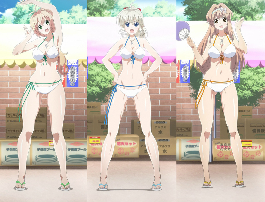 3girls bikini blonde_hair blue_eyes breasts brown_hair ceara_august feet fino_bloodstone green_eyes highres jewelry large_breasts long_hair multiple_girls necklace nova_luminous open_mouth panties pointy_ears sandals smile standing swimsuit toes underwear white_bikini white_swimsuit yuusha_ni_narenakatta_ore_wa_shibushibu_shuushoku_wo_ketsui_shimashita.