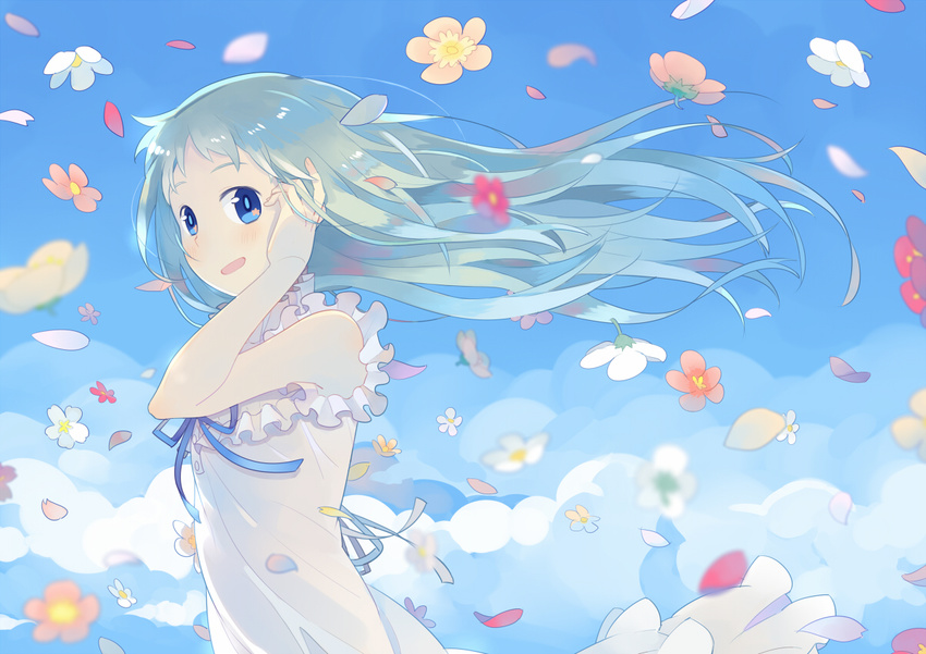 adjusting_hair ano_hi_mita_hana_no_namae_wo_bokutachi_wa_mada_shiranai. blue_eyes blue_ribbon cloud commentary day dress female flower grey_hair honma_meiko long_hair looking_at_viewer luo. open_mouth petals ribbon smile solo sundress wind