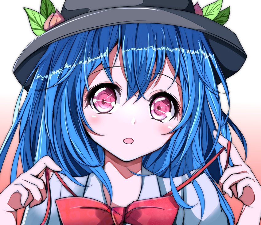 bad_id bad_pixiv_id blue_hair bow female food fruit gradient_background hat hinanawi_tenshi looking_at_viewer open_mouth peach pink_background pink_eyes portrait solo touhou velia