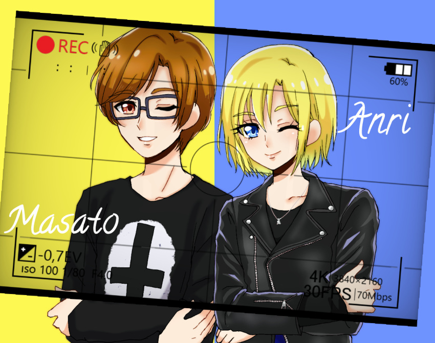 2boys ;) aisaki_masato androgynous bad_id bad_pixiv_id battery_indicator blonde_hair blue_eyes bob_cut brown_eyes brown_hair character_name crossed_arms glasses hugtto!_precure jacket leather leather_jacket long_sleeves looking_at_viewer male_focus multiple_boys one_eye_closed precure recording reira_(reomimi0211) short_hair smile wakamiya_henri