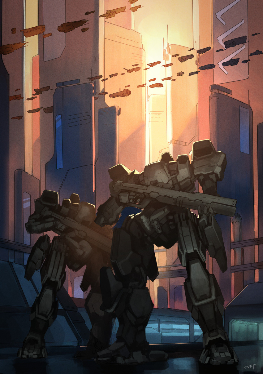 absurdres aircraft armor city commentary_request energy_cannon highres holding holding_weapon karamas mecha military no_humans original outdoors power_armor robot scenery science_fiction signature spacecraft sun weapon