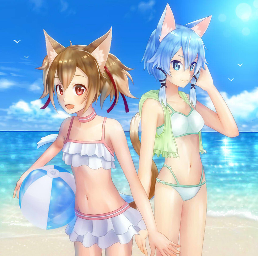 2017 5_fingers ambient_bird ambient_flier ambient_silhouette animal_humanoid avian ball beach beach_ball bikini bikini_skirt bird blue_body blue_eyes blue_fur blue_hair breasts brown_body brown_fur brown_hair cat_humanoid clothed clothing cloud detailed_background domestic_cat duo_focus ear_tuft felid felid_humanoid feline feline_humanoid felis female fingers flat_chested fur group hair holding_ball holding_object humanoid inflatable keiko_ayano looking_at_viewer mammal mammal_humanoid meri_(artist) navel open_mouth outside pool_toy red_eyes sand sea seaside shino_asada short_hair silhouette simple_background sky small_breasts smile sun swimwear sword_art_online tuft water white_body white_fur