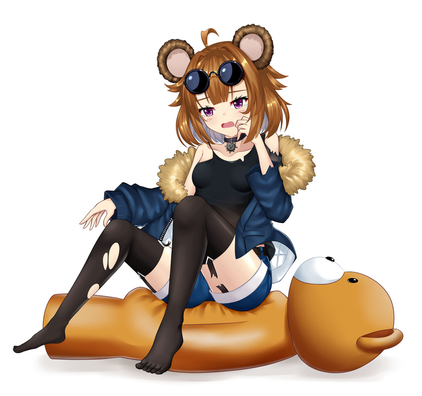 absurdres aged_down animal_ears bear_girl breasts brown_hair commentary_request eyewear_on_head feet female girls'_frontline grizzly_mkv_(girls'_frontline) grizzly_mkv_(teddy_transform!)_(girls'_frontline) highres jacket official_alternate_costume open_mouth photoshop_(medium) purple_eyes short_hair small_breasts solo stuffed_animal stuffed_toy sunglasses tears teddy_bear thighhighs torn_clothes torn_thighhighs yan_lie