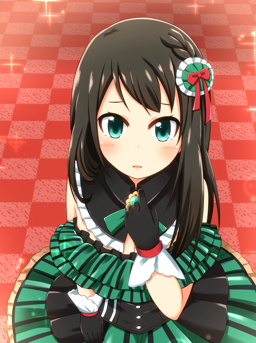 blush braid brown_hair commentary_request dress female from_above gloves green_dress green_eyes hair_ornament highres kokubun_(akikawaship) long_hair looking_at_viewer nonohara_hime open_mouth tokyo_7th_sisters wig