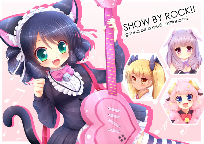 4girls animal_ears bell black_hair blonde_hair cat_ears cat_girl cat_tail chuchu_(show_by_rock!!) commentary_request cyan_(show_by_rock!!) glasses green_eyes guitar heart_guitar instrument kane-neko long_hair moa_(show_by_rock!!) multiple_girls pink_hair purple_hair rabbit_ears red_eyes retoree_(show_by_rock!!) sheep_ears show_by_rock!! strawberry_heart_(show_by_rock!!) striped_clothes striped_thighhighs tail thighhighs twintails yellow_eyes