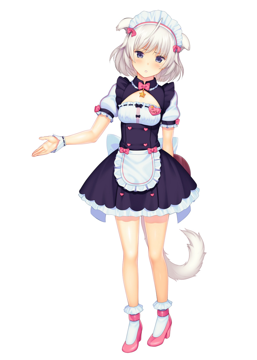 absurdres animal_ears apron blue_eyes blush bow cat_ears cat_tail cleavage_cutout clothing_cutout commentary female high_heels highres looking_at_viewer maid maid_headdress name_tag nekopara original short_hair simple_background solo tail waist_apron weyowang white_background white_hair wrist_cuffs