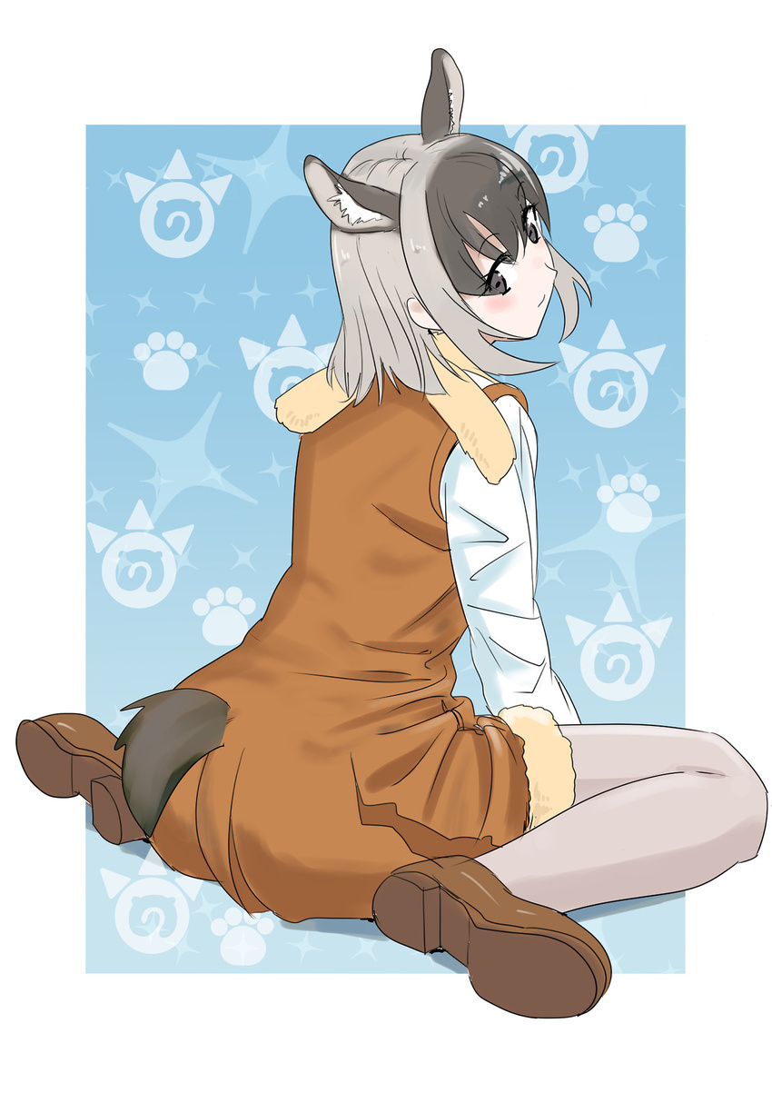 animal_ears back bad_id bad_tumblr_id female fur_trim grey_eyes grey_hair guanaco_(kemono_friends) highres japari_symbol kemono_friends momosuke_(ishakry) scarf sitting solo tail thighhighs white_background