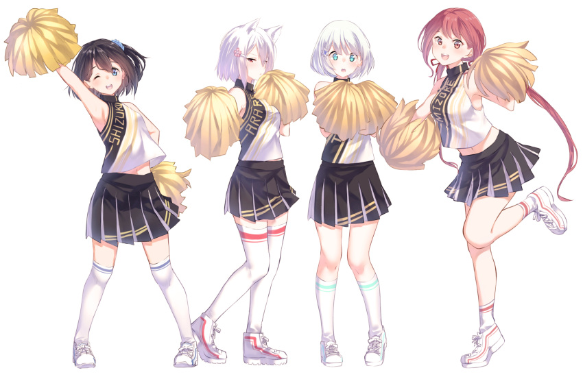 4girls :d ;d amano_mizore amano_tsurara animal_ears bare_shoulders black_hair black_skirt blue_eyes blue_scrunchie blush breasts character_name cheerleader clothes_writing commentary_request fox_ears hair_between_eyes hair_ornament hair_ribbon hair_scrunchie hairclip hand_up hands_up highres holding kneehighs long_hair looking_at_viewer low_twintails medium_breasts midriff multiple_girls navel one_eye_closed one_side_up open_mouth original over-kneehighs photoshop_(medium) pigeon-toed pleated_skirt pom_pom_(cheerleading) red_eyes red_hair red_ribbon ribbon scrunchie shirt shoes short_hair simple_background skirt sleeveless sleeveless_shirt smile sneakers socks standing standing_on_one_leg suzunari_arare suzunari_shizuku teeth thighhighs twintails upper_teeth_only very_long_hair white_background white_footwear white_hair white_legwear yuki_arare