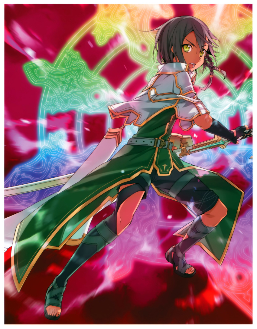 1boy androgynous arthur_(sorcery_king) black_hair braid bunbun fingerless_gloves full_body gloves green_eyes holding looking_at_viewer million_arthur_(series) official_art scan shiny standing sword toeless_legwear toes trap weapon yellow_eyes