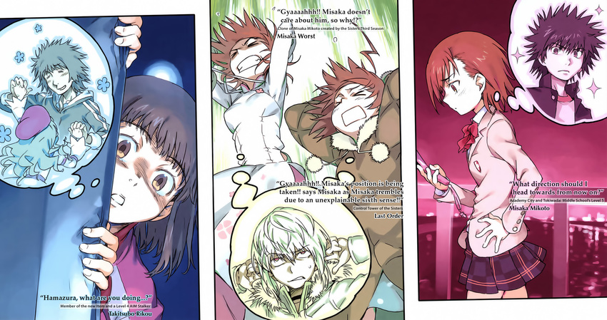 accelerator_family ahoge albino beret black_hair blonde_hair brown_eyes brown_hair choker closed_eyes coat english flower fremea_seivelun haimura_kiyotaka hair_ornament hamazura_shiage hard_translated hat highres hood jacket kamijou_touma last_order misaka_mikoto misaka_worst multiple_girls official_art open_mouth polka_dot red_eyes school_uniform short_hair skirt smile spiked_hair takitsubo_rikou to_aru_majutsu_no_index to_aru_majutsu_no_index:_new_testament vietnamese_dress white_hair