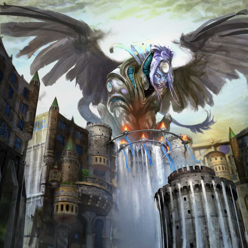 1:1 anthro armor banner city cityscape closed_eyes detailed_background digital_media_(artwork) feathered_wings feathers felid female hasbro hi_res isperia low-angle_view macro magic:_the_gathering mammal mythological_creature mythological_sphinx mythology official_art scott_m._fischer solo spread_wings water waterfall wings wizards_of_the_coast