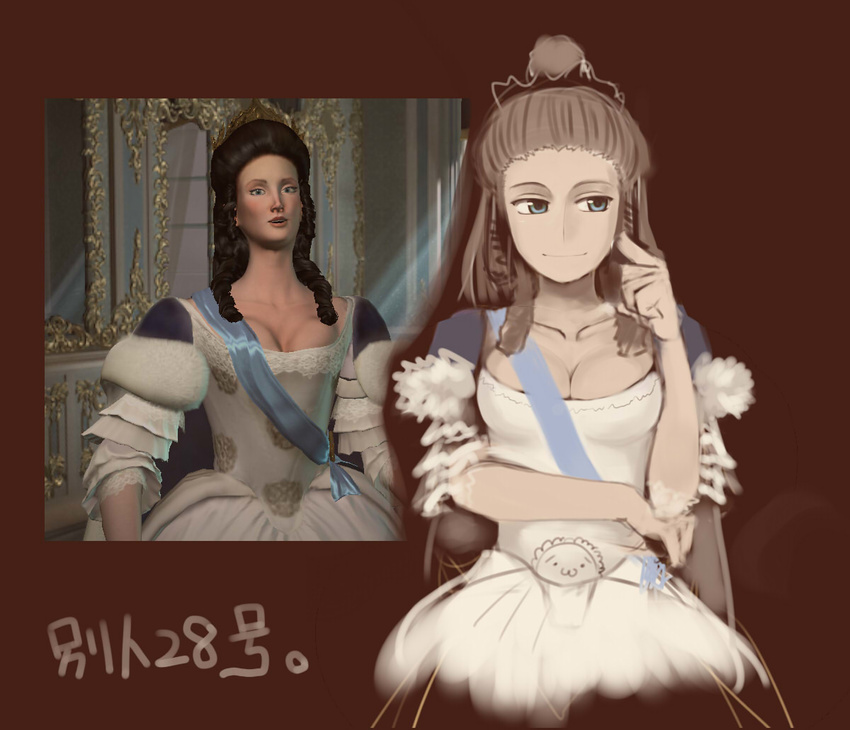 3d blue_eyes breasts brown_hair catherine_the_great civilization_(series) civilization_v cleavage commentary_request crown dress female gown kakkou_(su) long_hair medium_breasts reference_inset ringlets smile translation_request