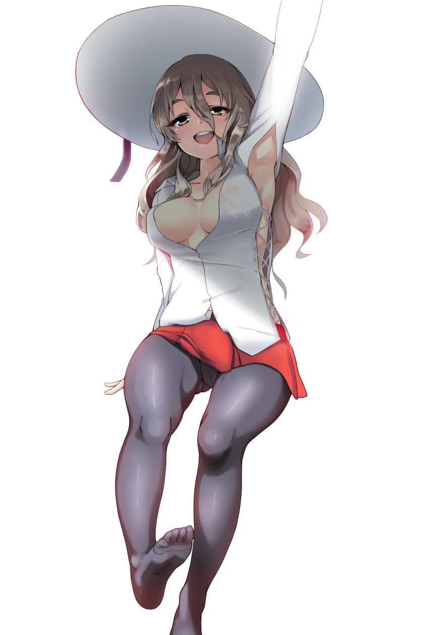 :d arm_at_side arm_up armpit_cutout armpits ass_visible_through_thighs black_pantyhose breasts brown_eyes cameltoe clothing_cutout collarbone collared_shirt commentary_request covered_nipples feet female grey_hair hair_between_eyes hat highres kantai_collection long_hair long_sleeves medium_breasts miniskirt no_shoes okamen open_clothes open_mouth open_shirt pantyhose pleated_skirt pola_(kancolle) red_skirt shirt simple_background sitting skirt smile soles solo sun_hat teeth thick_eyebrows wavy_hair white_background white_hat white_shirt