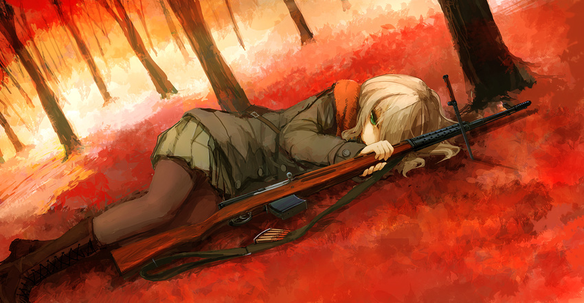 bare_tree battle_rifle bayonet bee_(deadflow) blonde_hair boots bullet clip_(weapon) coat commentary_request dutch_angle female forest green_eyes gun highres looking_at_viewer lying nature on_side original pantyhose rifle skirt solo svt-40 tree weapon