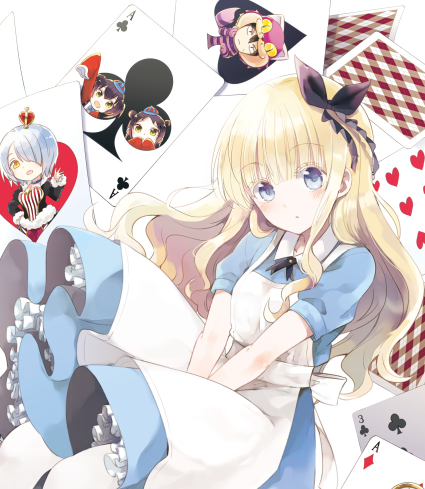 1boy 4girls :o absurdres ace_(playing_card) ace_of_clubs ace_of_diamonds ace_of_spades alice_(alice_in_wonderland) alice_(alice_in_wonderland)_(cosplay) alice_in_wonderland apron black_ribbon blonde_hair blue_dress blue_eyes blush brown_hair card chartreux_westia cheshire_cat_(alice_in_wonderland) cheshire_cat_(alice_in_wonderland)_(cosplay) club_(shape) collarbone collared_dress commentary_request cosplay diamond_(shape) double_bun dress green_eyes hair_between_eyes hair_bun hair_over_one_eye hair_ribbon hat head_tilt heart highres inuzuka_romio jacket juliet_persia kishuku_gakkou_no_juliet long_hair long_sleeves looking_at_viewer multiple_girls natsupa orange_eyes parted_lips playing_card puffy_short_sleeves puffy_sleeves red_jacket ribbon short_sleeves silver_hair single_side_bun sleeves_past_fingers sleeves_past_wrists spade_(shape) striped_clothes striped_headwear tweedledee_(alice_in_wonderland) tweedledee_(alice_in_wonderland)_(cosplay) tweedledum_(alice_in_wonderland) tweedledum_(alice_in_wonderland)_(cosplay) very_long_hair wang_kochou wang_teria white_apron