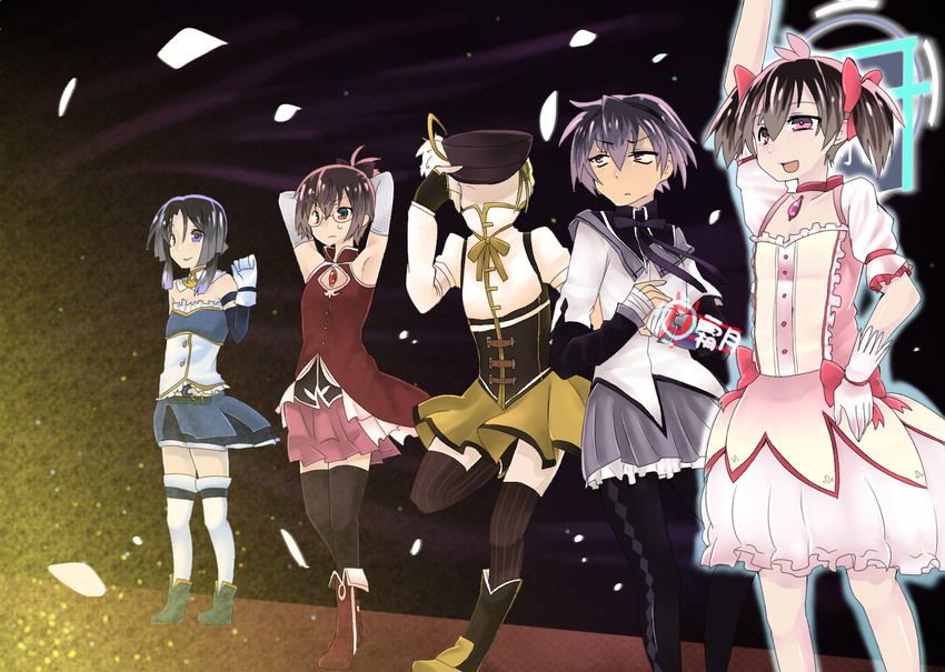 5boys akemi_homura aoi_toori azuma_(horizon) black_hair blonde_hair brown_hair cosplay crossdressing kaname_madoka kyoukaisenjou_no_horizon mahou_shoujo_madoka_magica miki_sayaka multiple_boys neshinbara_toussaint noriki parody tenzou_crossunite tomoe_mami