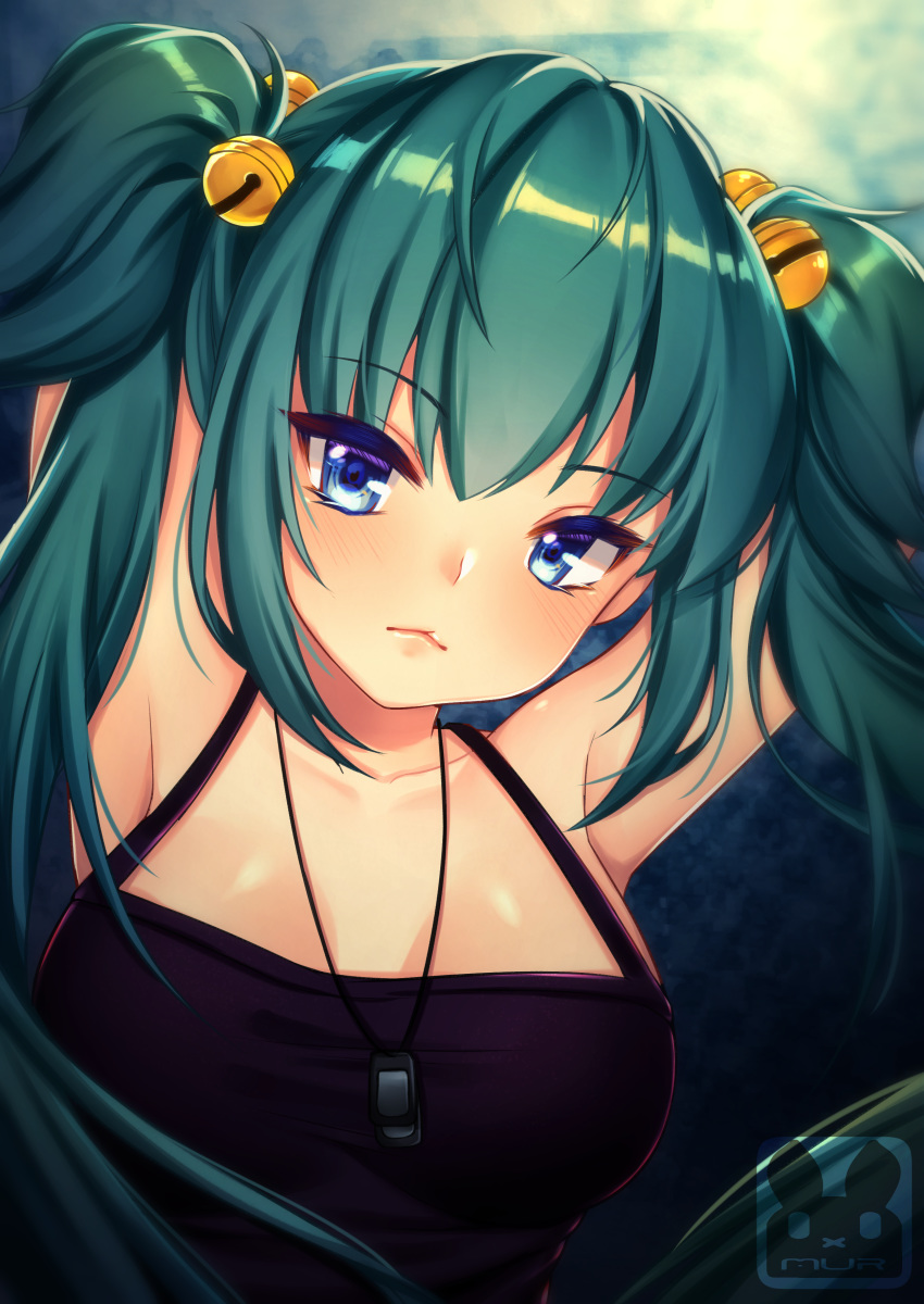 :< absurdres aqua_hair armpits arms_up artist_name bell blue_eyes blurry blurry_background blush breasts cleavage closed_mouth commentary_request commission cui_yifei expressionless female hair_bell hair_ornament highres jewelry jingle_bell lips long_hair looking_at_viewer medium_breasts murmoruno muv-luv necklace pendant sleeveless solo tsurime twintails