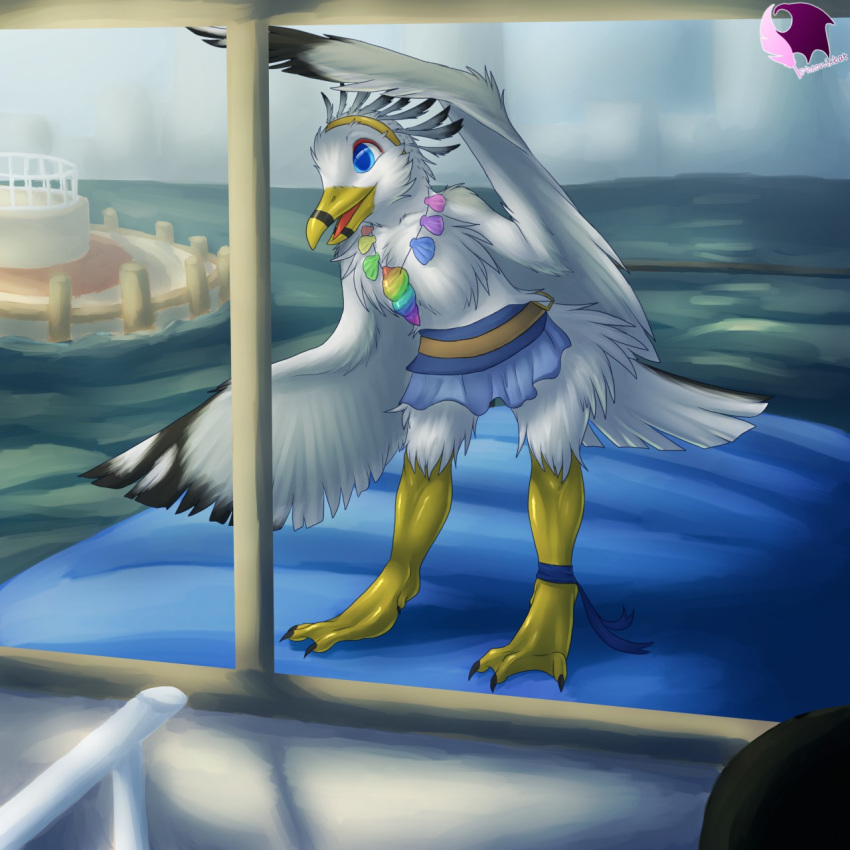 1:1 2015 3_toes accessory anklet anthro avian avian_feet beak biped bird black_beak black_body black_claws black_feathers black_stripes black_tail black_wings blue_eyes boat bottomwear breasts cheek_tuft chest_tuft claws clothed clothing digital_drawing_(artwork) digital_media_(artwork) eyeliner facial_tuft feather_tuft feathered_wings feathers feet female front_view full-length_portrait gull hair_accessory hairband hi_res jewelry lari larid leaning leaning_forward light lighting luka_(minesaehiromu) makeup medium_breasts membrane_(anatomy) multicolored_beak multicolored_body multicolored_feathers multicolored_jewelry multicolored_necklace naturally_censored necklace nipple_tuft non-mammal_breasts open_beak open_mouth open_smile pheonixbat pier pink_tongue portrait rainbow_jewelry rainbow_necklace rainbow_symbol raised_arm red_eyeliner ring-billed_gull sea seashell seaside shadow shell skirt sky smile solo standing striped_beak stripes tail tail_feathers talons toe_claws toes tongue topless tuft two_tone_beak two_tone_body two_tone_feathers two_tone_tail two_tone_wings vehicle water watercraft webbed_feet white_body white_feathers white_tail white_wings wings yellow_beak