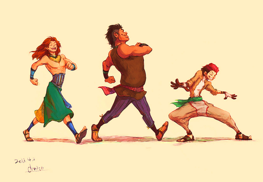 3boys armlet chacckco collarbone commentary_request from_side full_body green_skirt humanization long_hair long_skirt male_focus multiple_boys muscular parody photoshop_(medium) pumbaa red_hair sandals shirt short_hair simba skirt sleeveless sleeveless_shirt standing tank_top the_lion_king timon_(lion_king) topless_male walking