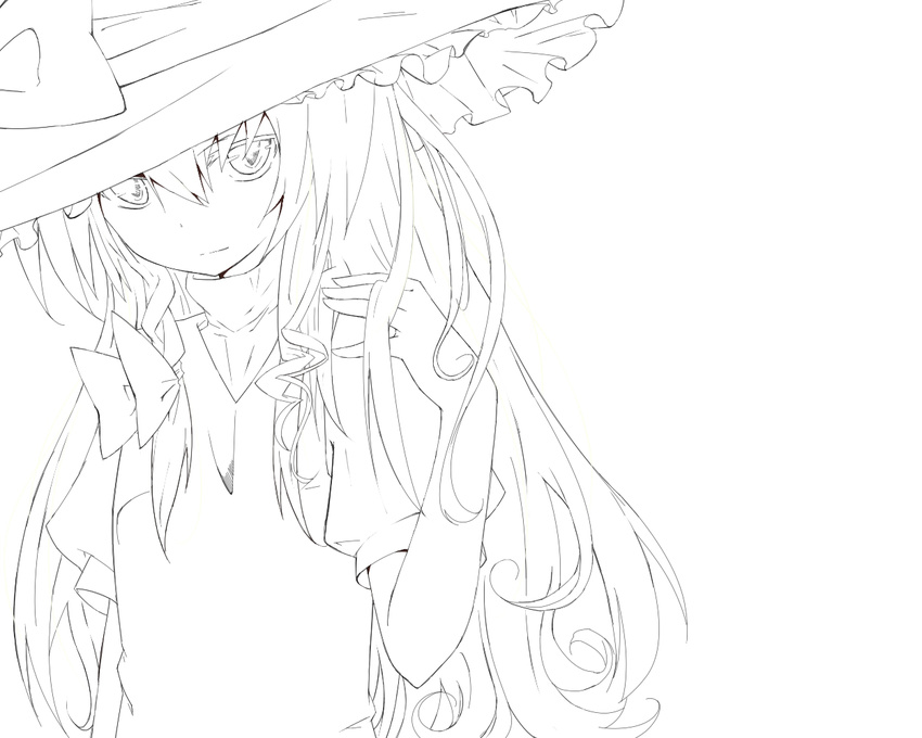 female greyscale hair_ribbon hat kirisame_marisa kitsune_(scaz) line_art long_hair monochrome ribbon simple_background solo touhou witch_hat