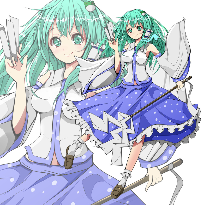 absurdres bad_id bad_pixiv_id blush breasts female frog_hair_ornament gohei green_eyes green_hair hair_ornament hair_tubes highres kochiya_sanae long_hair medium_breasts ofuda skirt smile snake_hair_ornament solo touhou velia zoom_layer